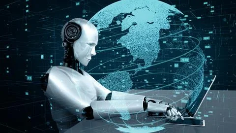 MLP Futuristic robot artificial intelligence huminoid AI data analytic Stockillustratie