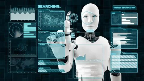 MLP Futuristic robot, artificial intelligence CGI big data analytics and Illustrazione stock