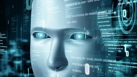 MLP Futuristic robot artificial intelligence huminoid AI programming coding Illustrazione stock