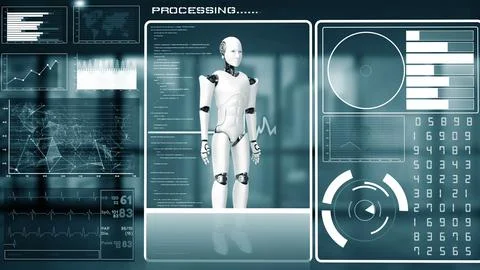 MLP Futuristic robot, artificial intelligence CGI big data analytics and Illustrazione stock