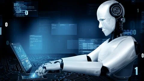 MLP Futuristic robot artificial intelligence huminoid AI programming coding Stock-Illustration