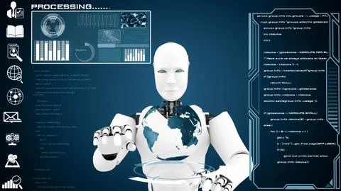 MLP Futuristic robot, artificial intelligence CGI big data analytics and Stock Illustration