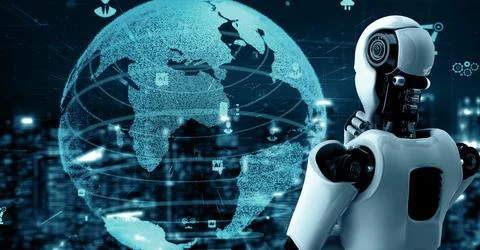 MLP Futuristic robot artificial intelligence huminoid AI for industrial factory Stock Illustration