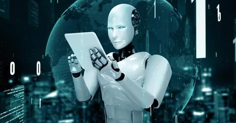 MLP Futuristic robot artificial intelligence huminoid AI programming coding Stock-Illustration