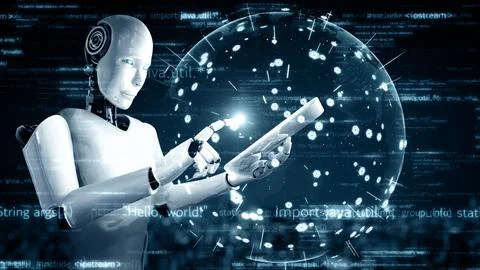 MLP Futuristic robot artificial intelligence huminoid AI programming coding 스톡 일러스트