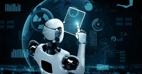 MLP Futuristic robot artificial intelligence huminoid AI for industrial factory 库存插图