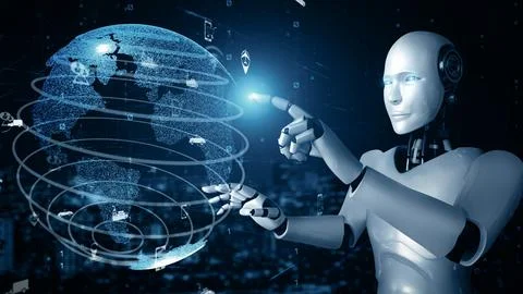 MLP Futuristic robot artificial intelligence huminoid AI transportation analytic Stock Illustration