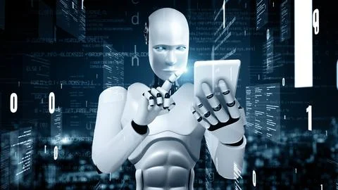 MLP Futuristic robot artificial intelligence huminoid AI programming coding Stock Illustration