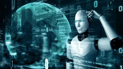 MLP Futuristic robot artificial intelligence huminoid AI programming coding Illustrazione stock