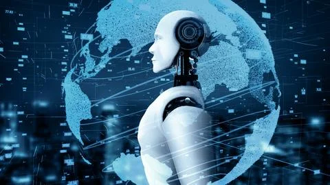 MLP Futuristic robot artificial intelligence huminoid AI data analytic Stock Illustration