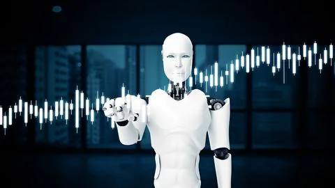 MLP Futuristic robot, artificial intelligence CGI for stock exchange market Illustrazione stock