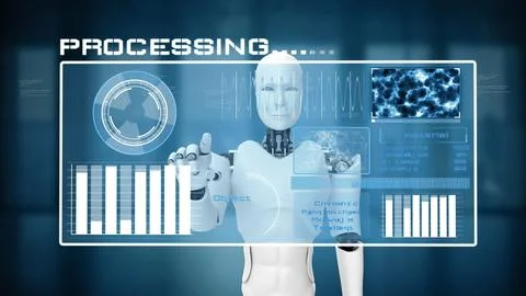 MLP Futuristic robot, artificial intelligence CGI big data analytics and Illustrazione stock