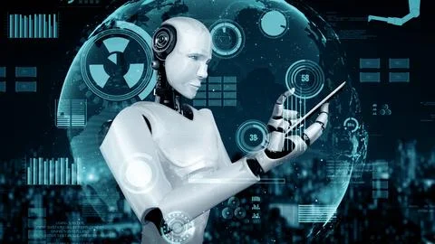 MLP Futuristic robot artificial intelligence huminoid AI for industrial factory Stock Illustration