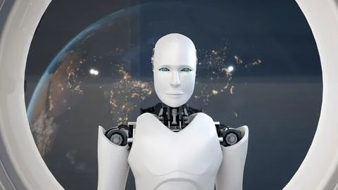 MLP Futuristic robot, artificial intelligence CGI inside spaceship in space 库存插图