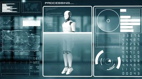 MLP Futuristic robot, artificial intelligence CGI big data analytics and Stock Illustration