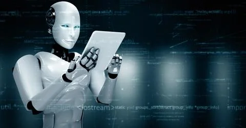 MLP Futuristic robot artificial intelligence huminoid AI programming coding Stock Illustration