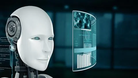 MLP Futuristic robot, artificial intelligence CGI big data analytics and Illustrazione stock