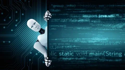 MLP Futuristic robot artificial intelligence huminoid AI programming coding Stock Illustration