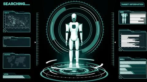 MLP Futuristic robot, artificial intelligence CGI big data analytics and Illustrazione stock