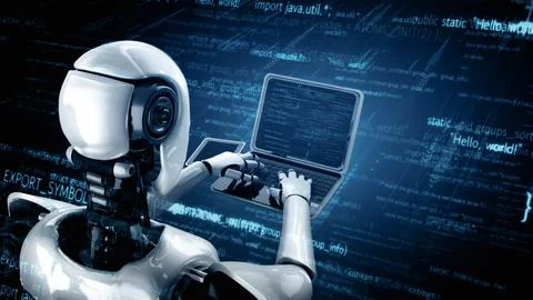 MLP Futuristic robot artificial intelligence huminoid AI programming coding Illustrazione stock