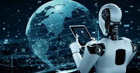 MLP Futuristic robot artificial intelligence huminoid AI data analytic Stock Illustration