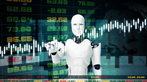 MLP Futuristic robot, artificial intelligence CGI for stock exchange market Illustrazione stock