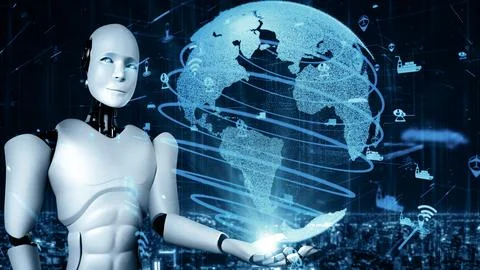 MLP Futuristic robot artificial intelligence huminoid AI transportation analytic Stock Illustration