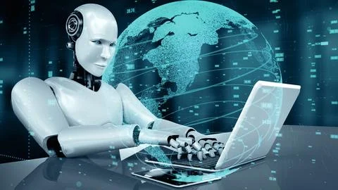 MLP Futuristic robot artificial intelligence huminoid AI data analytic Stock Illustration