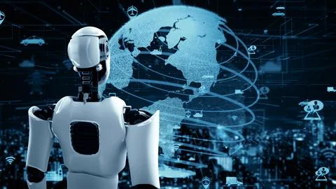 MLP Futuristic robot artificial intelligence huminoid AI transportation analytic Illustrazione stock