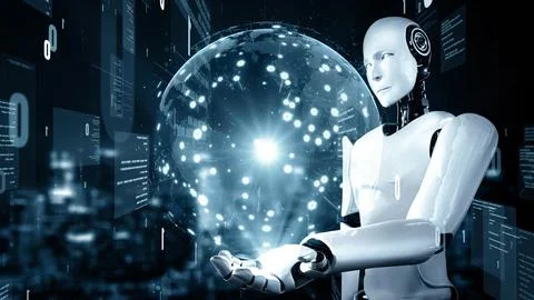 MLP Futuristic robot artificial intelligence huminoid AI programming coding Illustrazione stock