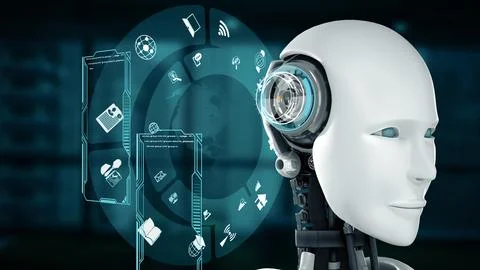 MLP Futuristic robot, artificial intelligence CGI big data analytics and Illustrazione stock