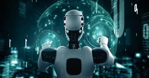 MLP Futuristic robot artificial intelligence huminoid AI programming coding Illustrazione stock