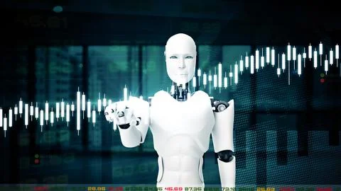 MLP Futuristic robot, artificial intelligence CGI for stock exchange market Illustrazione stock