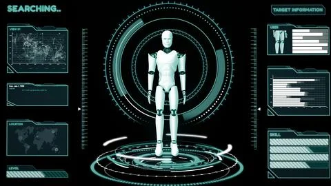 MLP Futuristic robot, artificial intelligence CGI big data analytics and Illustrazione stock