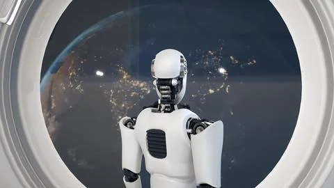 MLP Futuristic robot, artificial intelligence CGI inside spaceship in space 库存插图