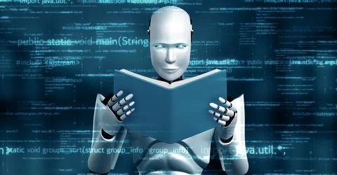 MLP Futuristic robot artificial intelligence huminoid AI programming coding Illustrazione stock