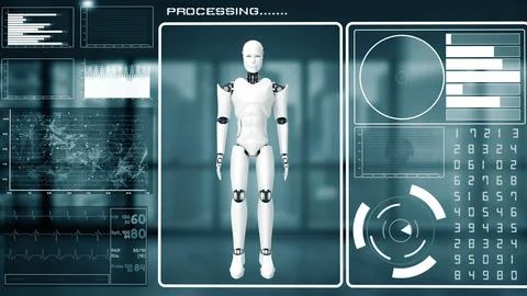MLP Futuristic robot, artificial intelligence CGI big data analytics and Illustrazione stock