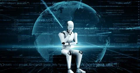 MLP Futuristic robot artificial intelligence huminoid AI programming coding Stock Illustration