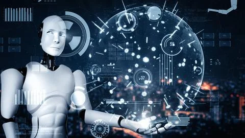 MLP Futuristic robot artificial intelligence huminoid AI for industrial factory Illustrazione stock