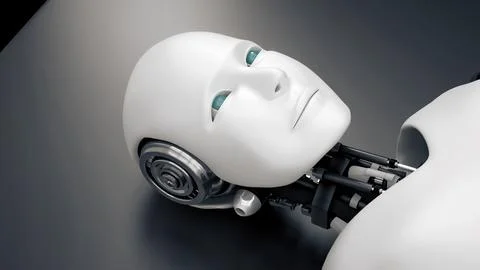 MLP Futuristic robot lying on bed , artificial intelligence CGI on black Illustrazione stock