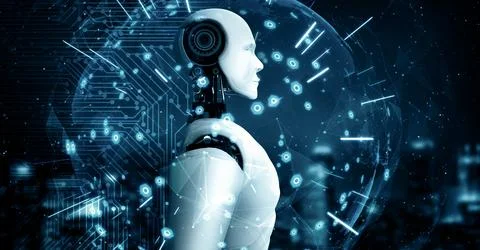 MLP hominoid AI robot looking at hologram screen showing concept of 스톡 일러스트