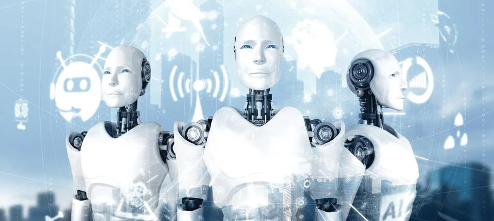 MLP Humanoid AI robot looking at hologram screen showing concept of 스톡 일러스트