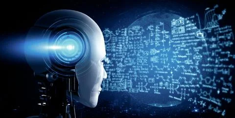 MLP Humanoid AI robot looking at hologram screen in concept of math calculation 库存插图