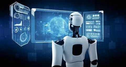 MLP Humanoid AI robot looking at hologram screen showing concept of big data Stock Illustration
