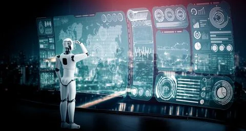 MLP Humanoid AI robot looking at hologram screen showing concept of big data Illustrazione stock