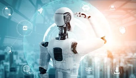 MLP Humanoid AI robot looking at hologram screen showing concept of 스톡 일러스트
