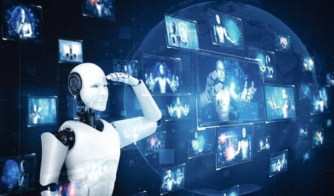 MLP Humanoid AI robot looking at hologram screen showing concept of big data Illustrazione stock