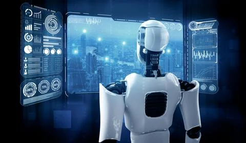 MLP Humanoid AI robot looking at hologram screen showing concept of big data Stock Illustration