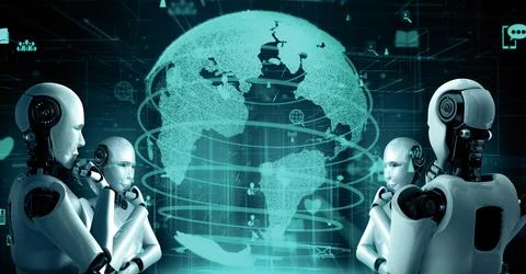 MLP Internet connection controlled by AI robot huminoid and machine learning Stock Illustration