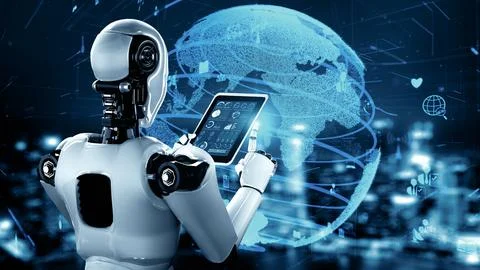 MLP Internet connection controlled by AI robot huminoid and machine learning Illustrazione stock